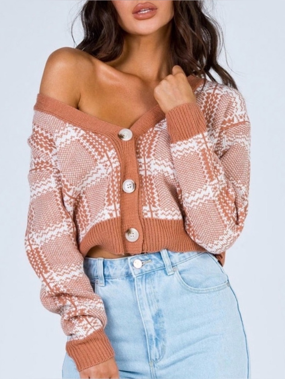 Princess Polly Plaid Knit Cardigan Sweater Brown White V Neck Button Cropped M/L